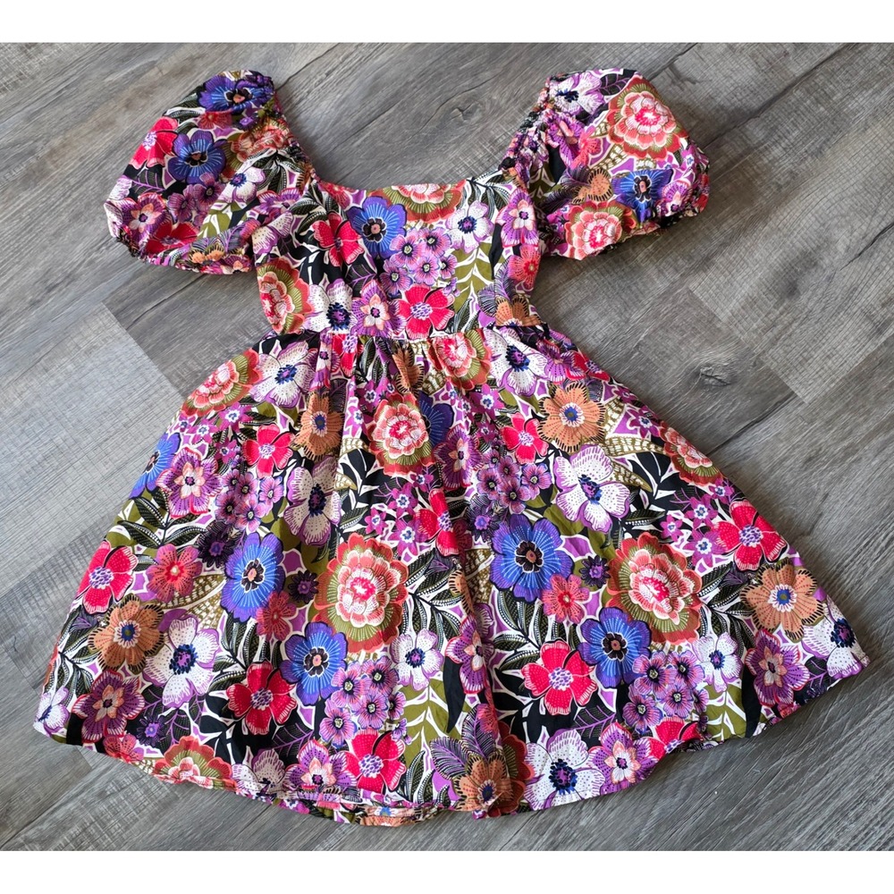 Forever 21 Floral Puff Sleeve Mini Dress Smocked Back Square Neck Pink Small